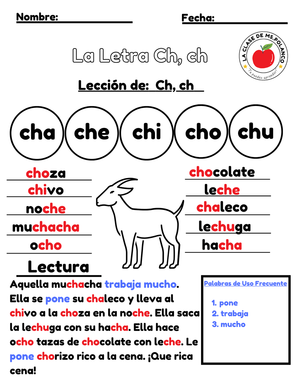 Spanish Phonics Worksheets – La Letra Ch (cha che chi cho chu) | Lectura y Sílabas | 4 Pages
