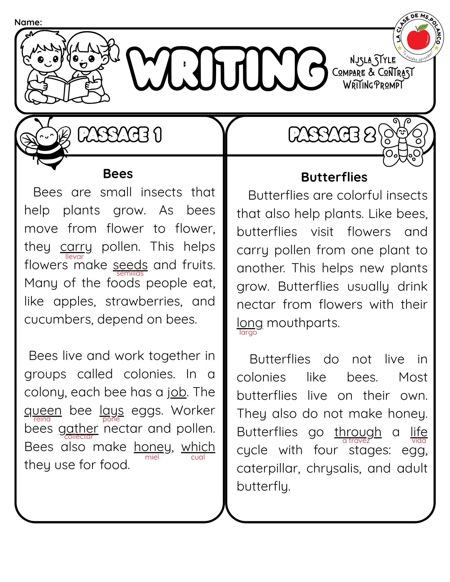 Bilingual Compare and Contrast Worksheet | NJSLA Style Reading & Writing | Bees and Butterflies - Betty & Bloom Press