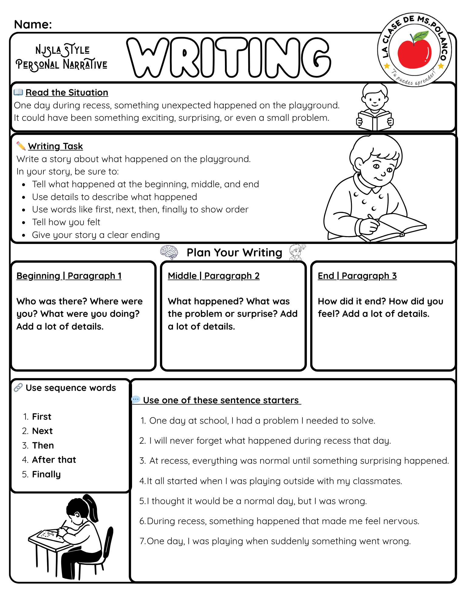 Bilingual Personal Narrative Writing Worksheet | NJSLA Style | Grades 2–3 | English & Spanish Recess Story Activity