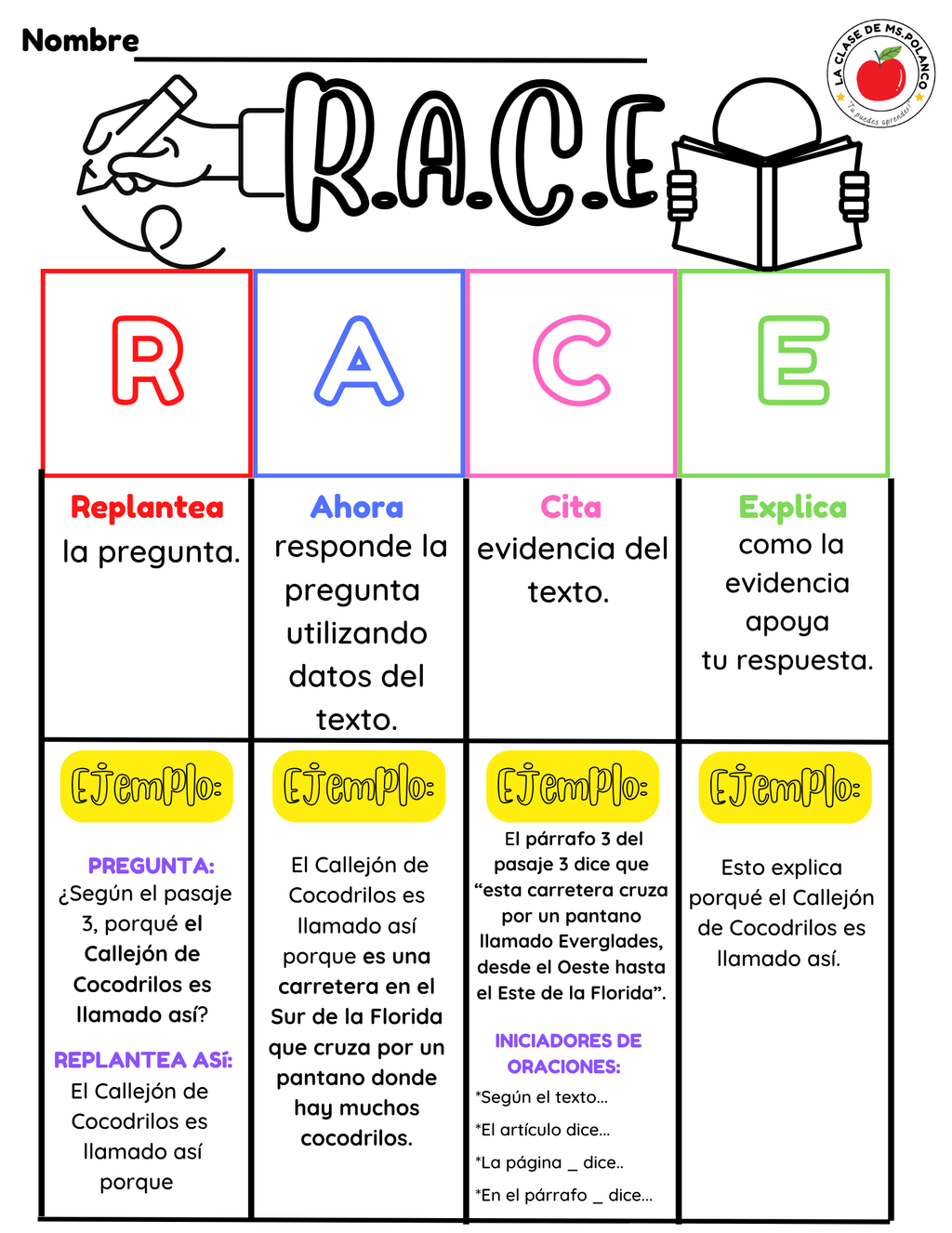 RACE Writing Strategy Worksheet PDF | Restate Answer Cite Explain | Reading Comprehension Text Evidence | Bilingual English Spanish Activity for Kids