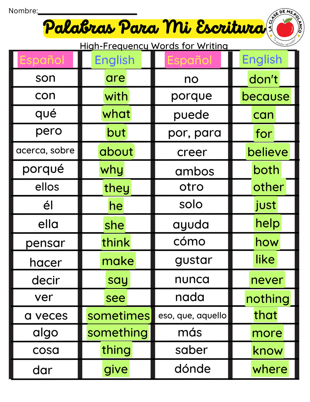 Bilingual High Frequency Words for Writing PDF | English Spanish Word List for ELL ESL Students | Bilingual Writing