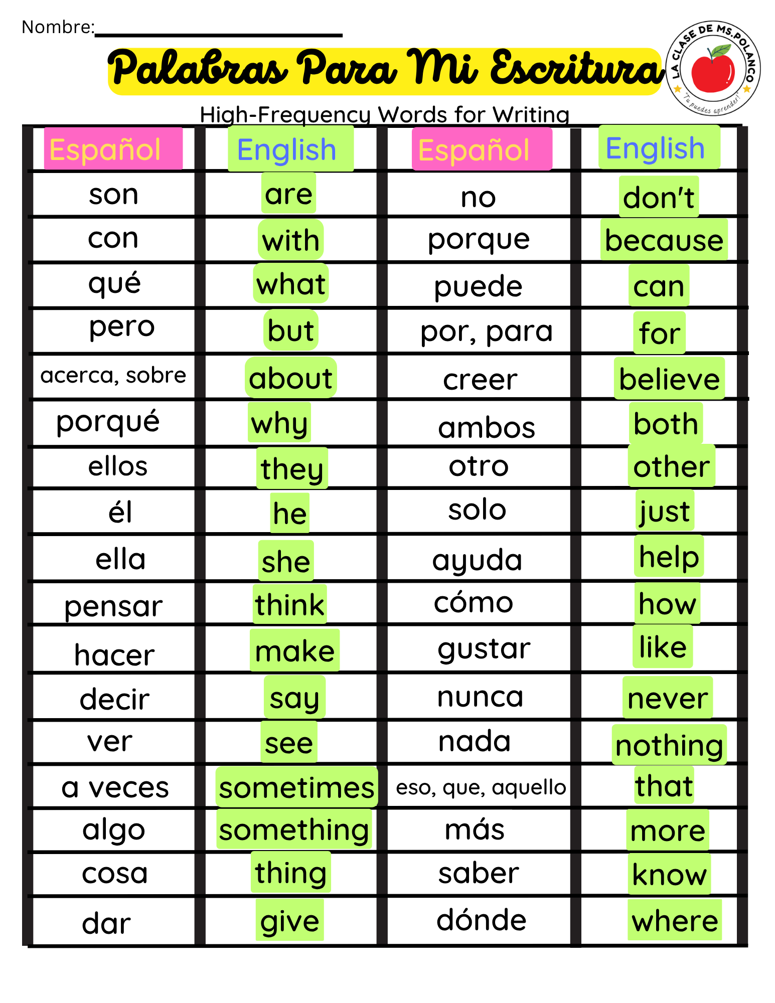 Spanish High Frequency Words for Writing PDF | English Spanish Word List for ELL ESL Students | Bilingual Writing Support Worksheet for Kids