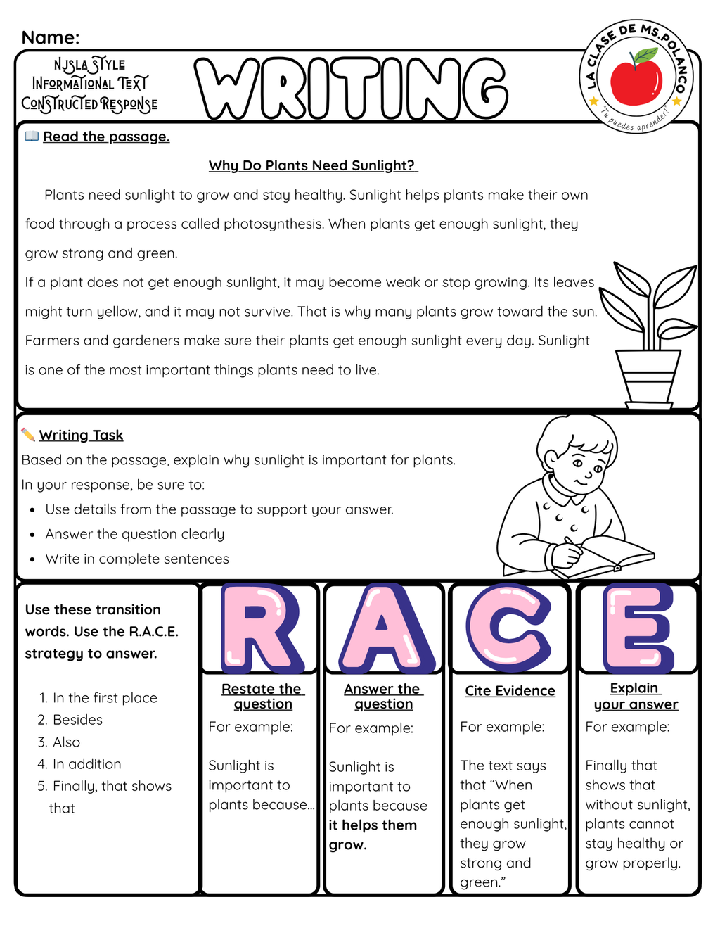 RACE Writing Strategy Worksheet | NJSLA Informational Text Reading Response | Constructed Response ELA Activity | Bilingual English Spanish