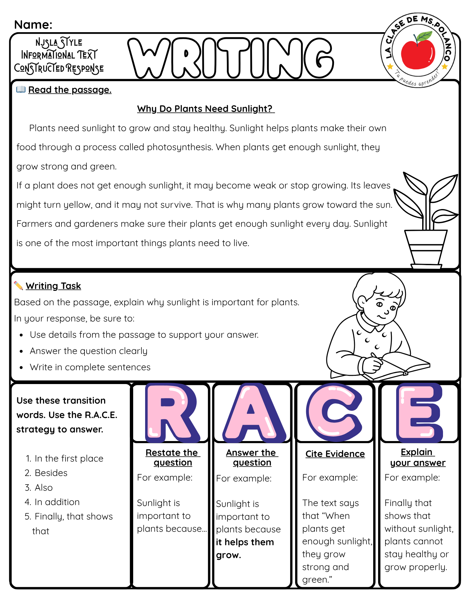 RACE Writing Strategy Worksheet | NJSLA Informational Text Reading Response | Constructed Response ELA Activity | Bilingual English Spanish