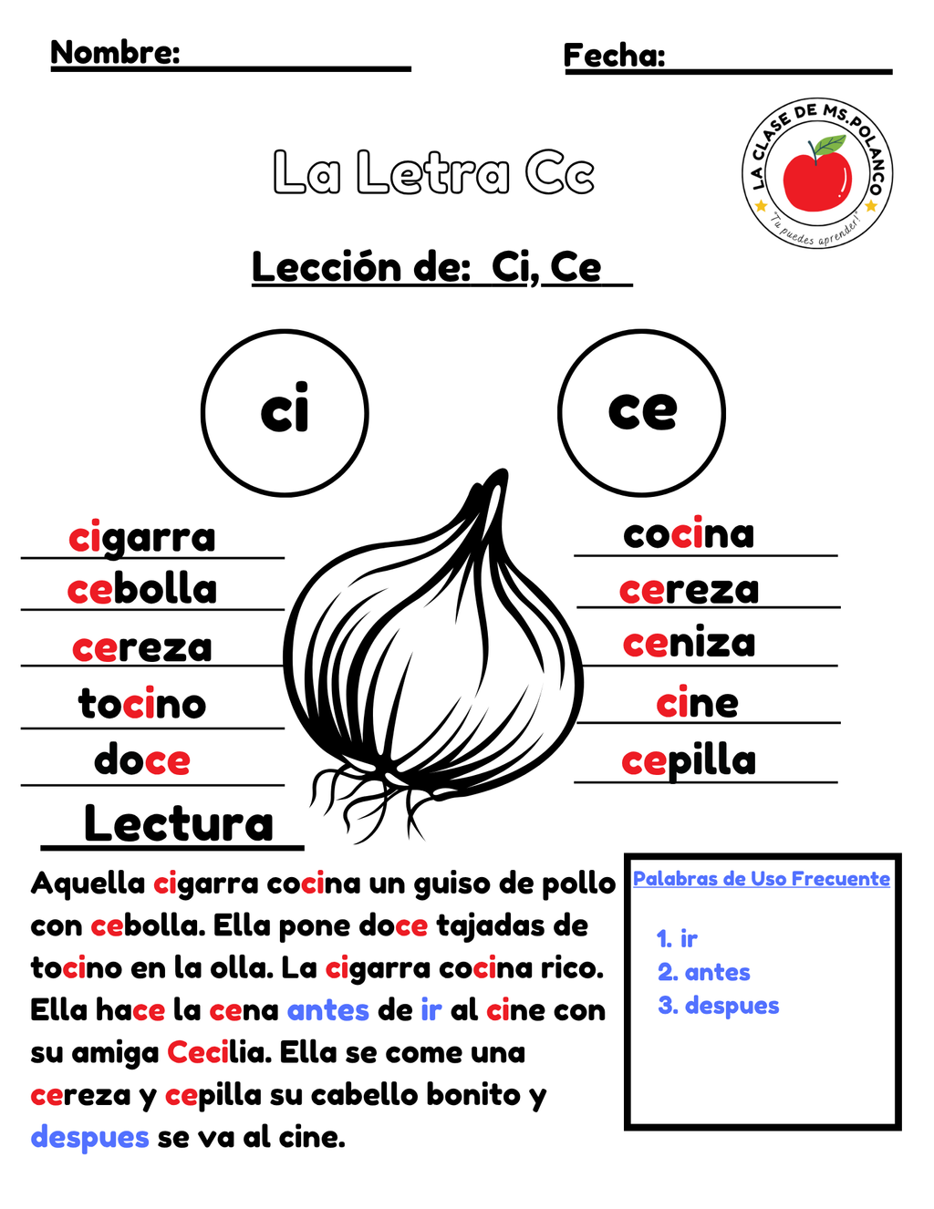 Spanish Phonics Worksheets PDF – Letter Cc (Soft C) | ce ci Activities | Spanish Reading & Writing for Kids (K–3)