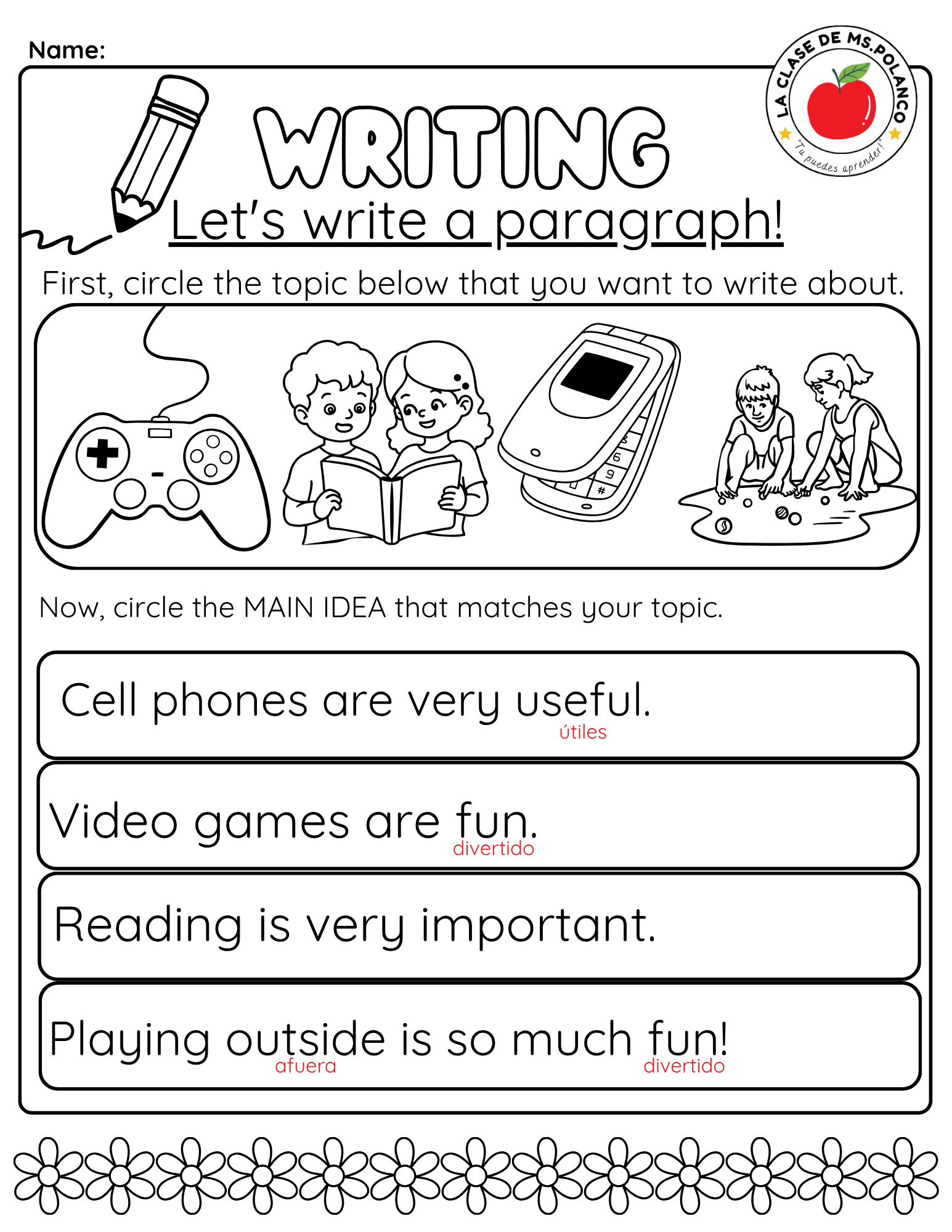 Bilingual Paragraph Writing Worksheet PDF | Main Idea and Supporting Details | Elementary Writing Practice | English Spanish Writing Activity for Kids
