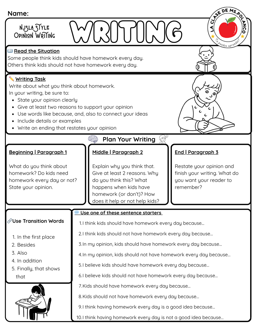 2nd 3rd 4th Grade Opinion Writing Worksheet NJSLA Style | Homework Debate Writing Prompt | Printable ELA Writing Activity | Bilingual English Spanish