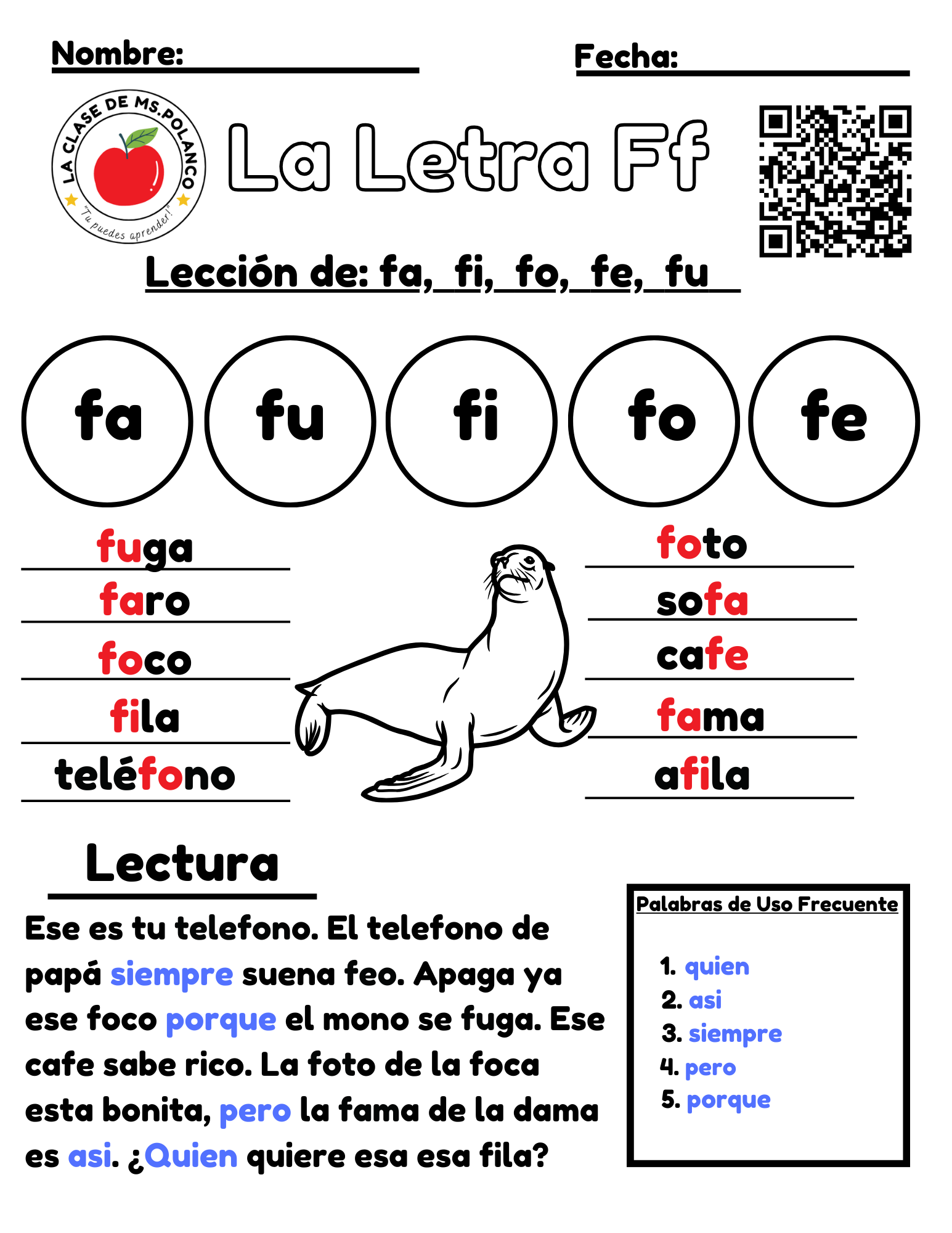 Spanish Phonics Worksheets PDF – Letter Ff | fa fe fi fo fu Activities | Spanish Reading & Writing for Kids (K–3)
