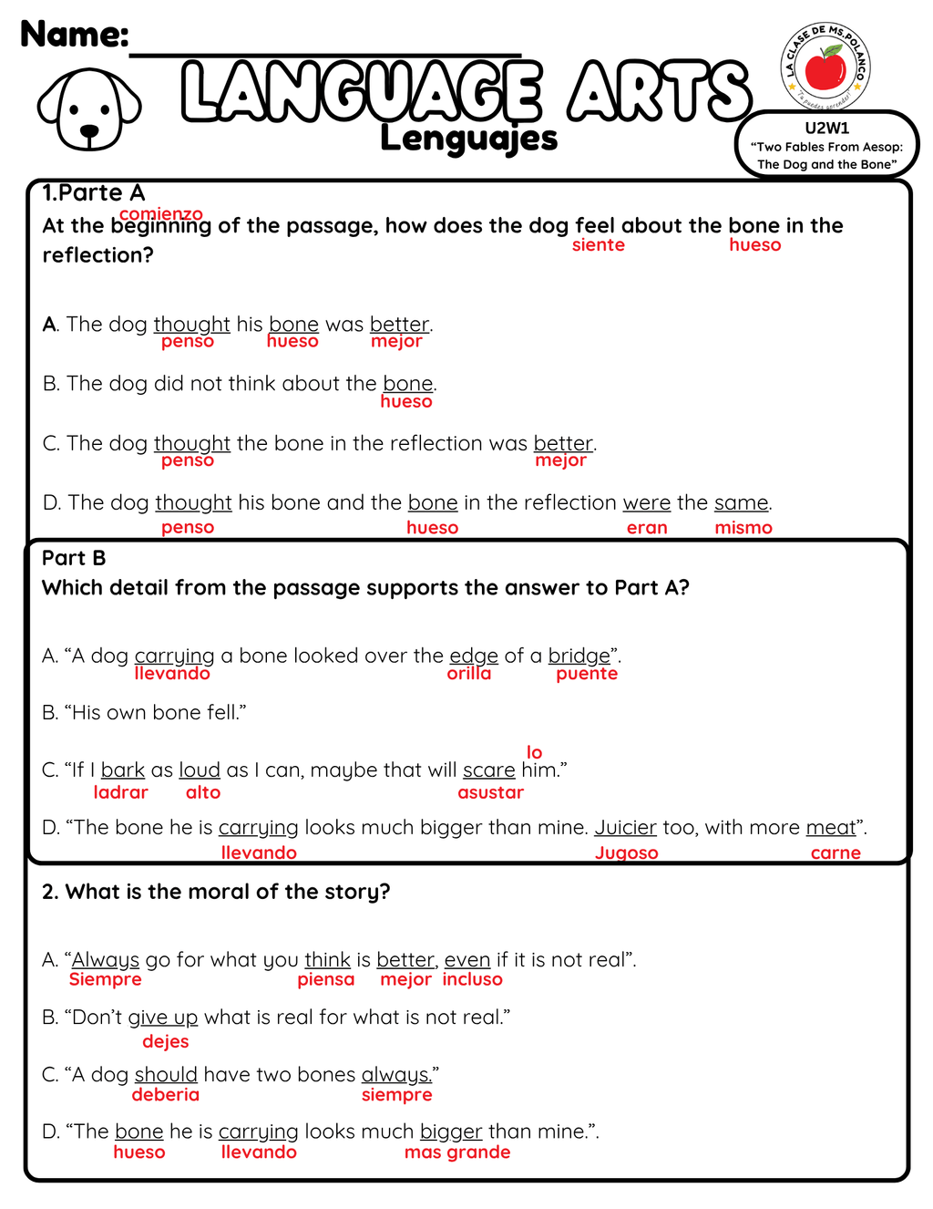 Bilingual Benchmark Unit 2 Week 1 Day 1 Fables Reading Comprehension - Betty & Bloom Press