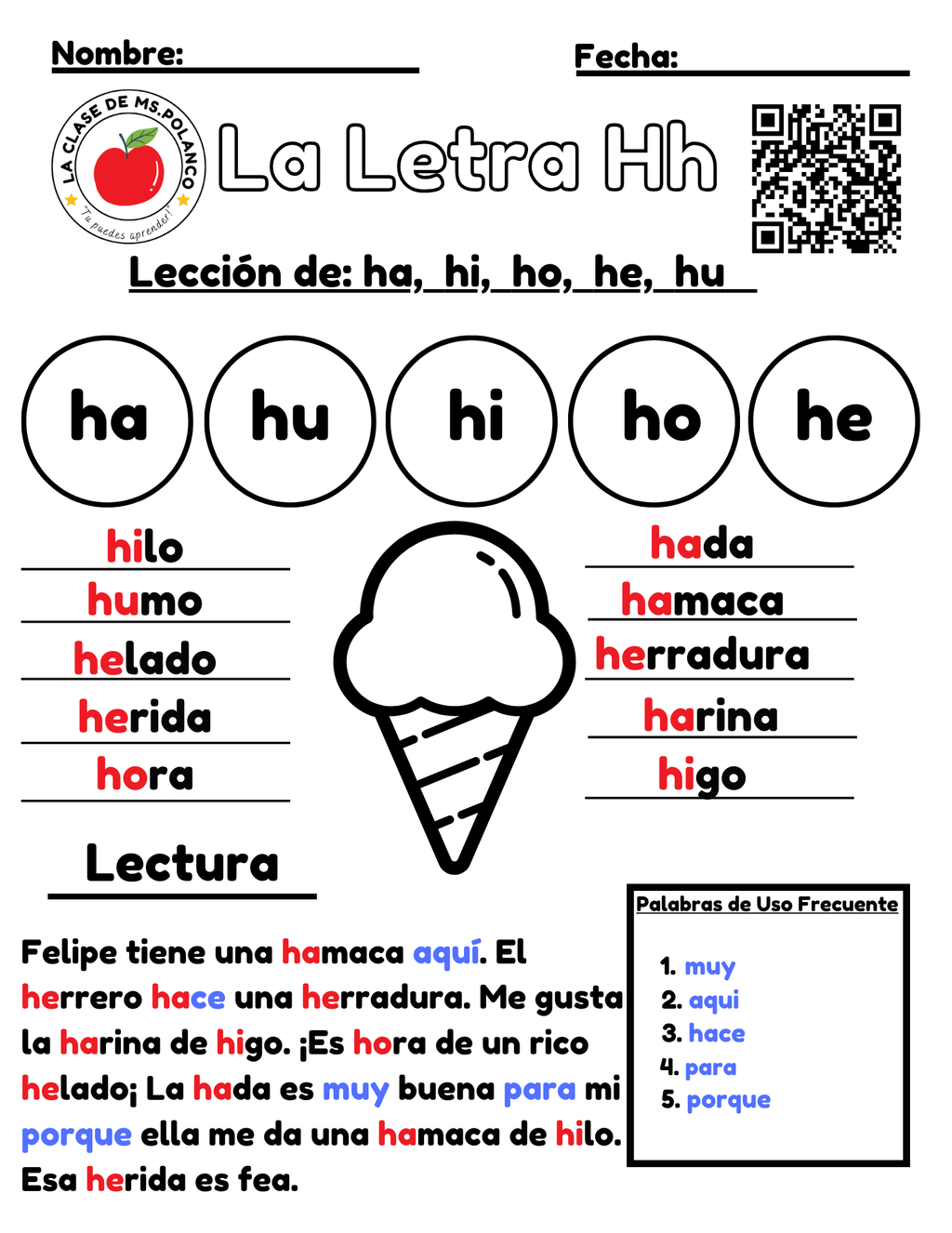 Spanish Phonics Worksheets PDF – Letter Hh | ha he hi ho hu Activities | Spanish Reading & Writing for Kids (K–3)