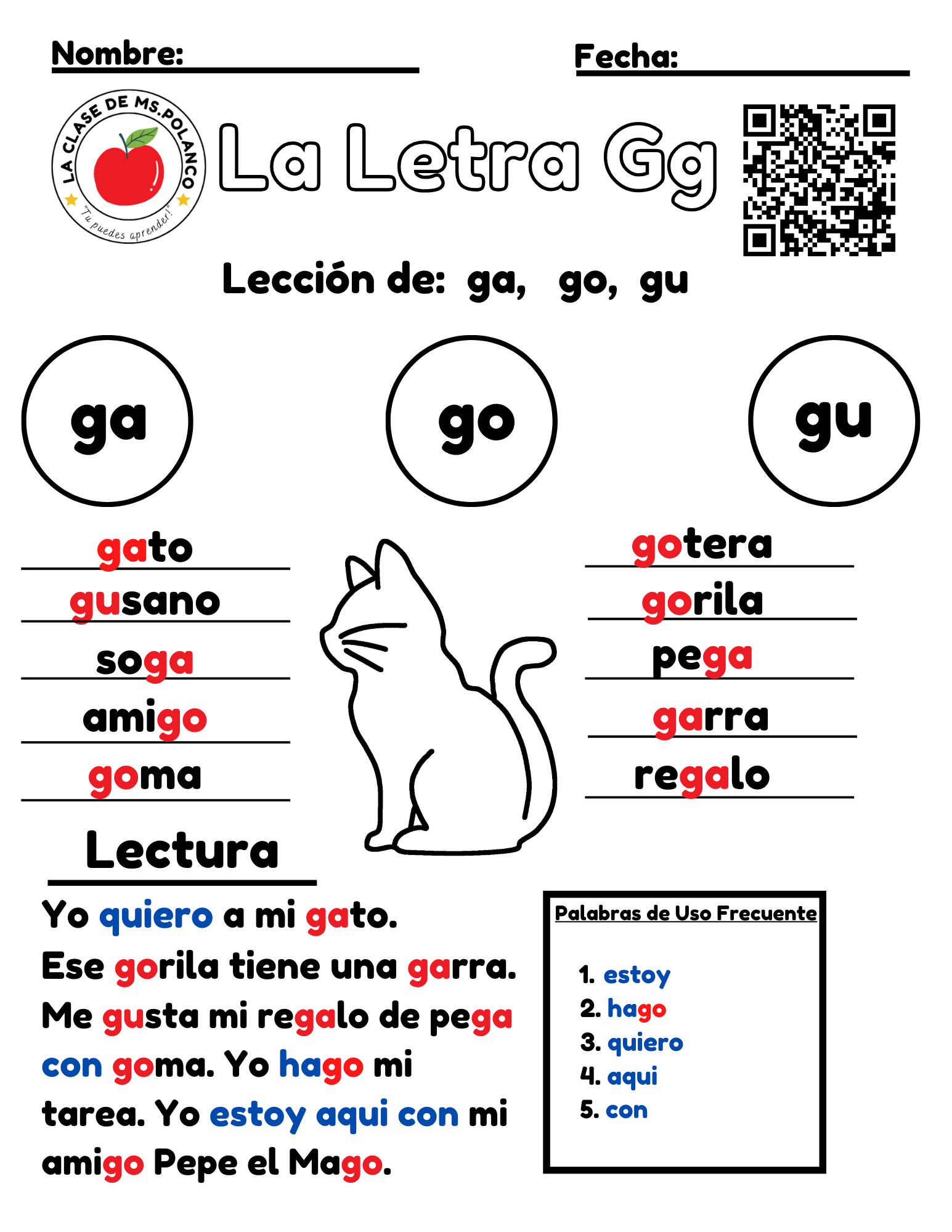 Spanish Phonics Worksheets PDF – Letter Gg | ga go gu Activities | Spanish Reading & Writing for Kids