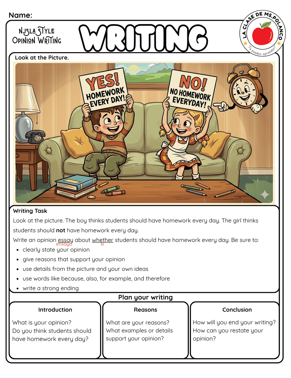 Bilingual Opinion Writing Picture Prompt | NJSLA Style Writing Worksheet | Homework Every Day - Betty & Bloom Press