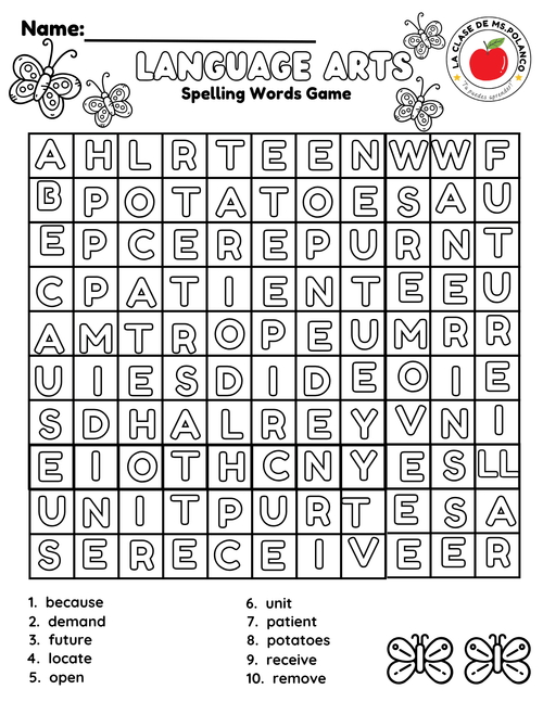 Bilingual Benchmark ELA Unit 4 Week 1 Spelling Word Search & Printable Activities - Betty & Bloom Press