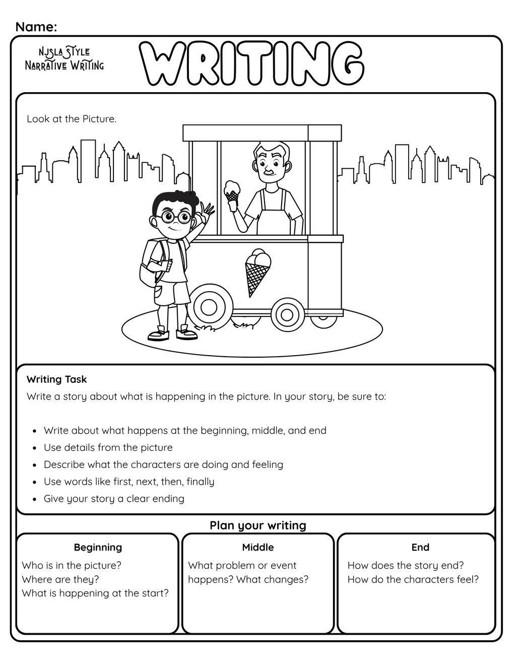 Bilingual Narrative Writing Picture Prompt | NJSLA Style Writing Worksheet | Beginning Middle End - Betty & Bloom Press