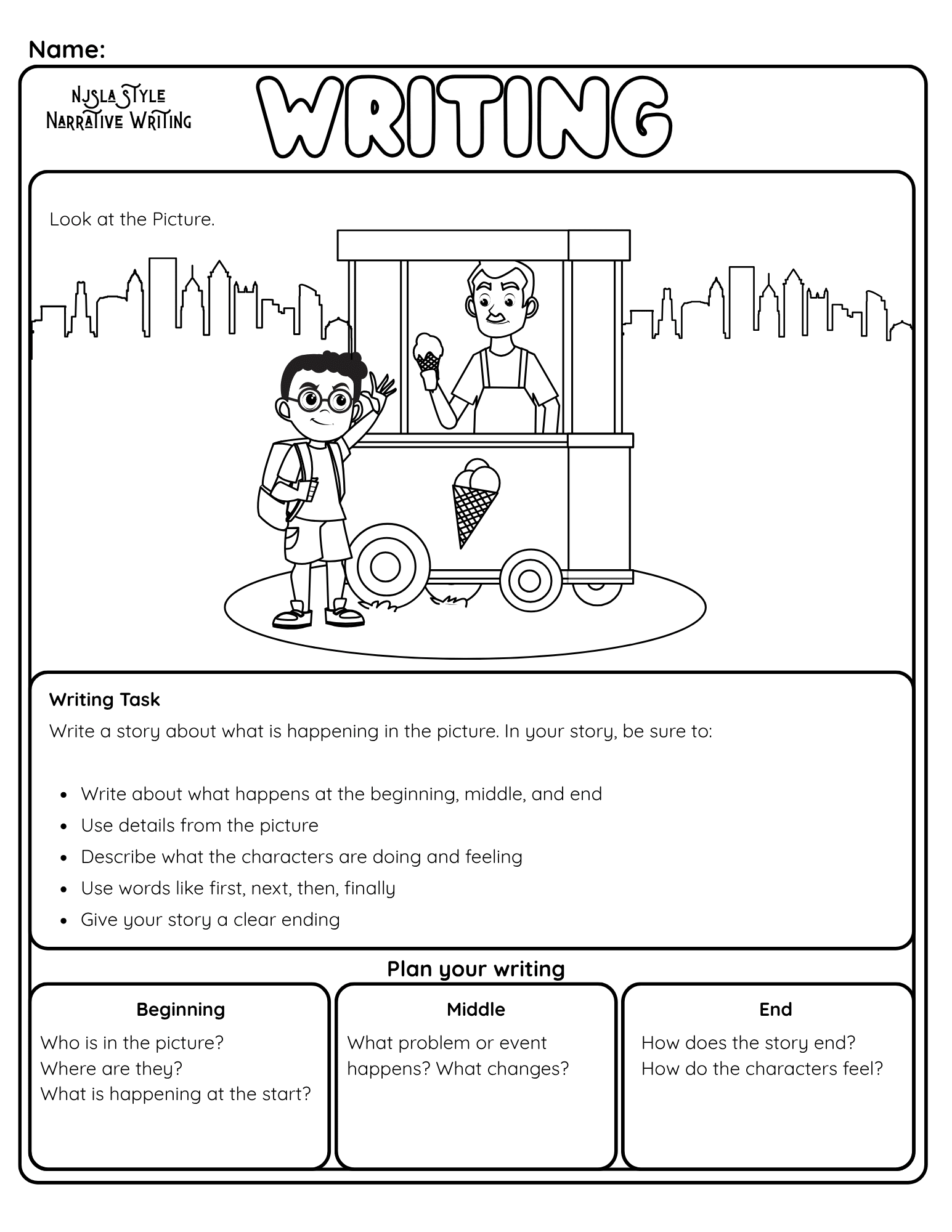 Bilingual Narrative Writing Picture Prompt | NJSLA Style Writing Worksheet | Beginning Middle End - Betty & Bloom Press