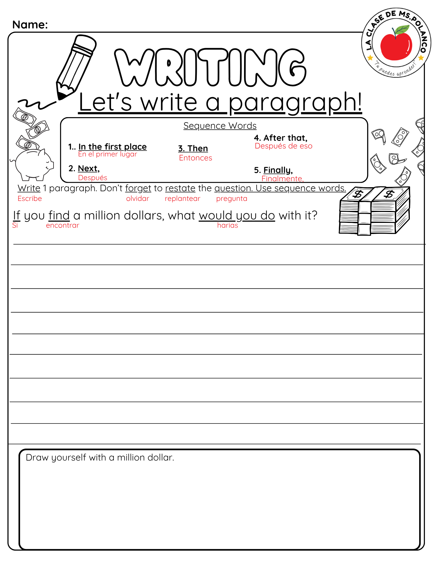 Bilingual Paragraph Writing Worksheet PDF for Kids | Sequence Words Writing Activity | Elementary English Spanish Writing Practice (K–3)