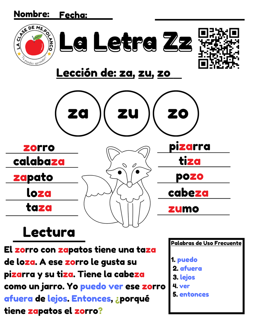 Spanish Phonics Worksheet Letter Z (za ze zi zo zu) PDF | Mi Silabario Reading Activity for Kids