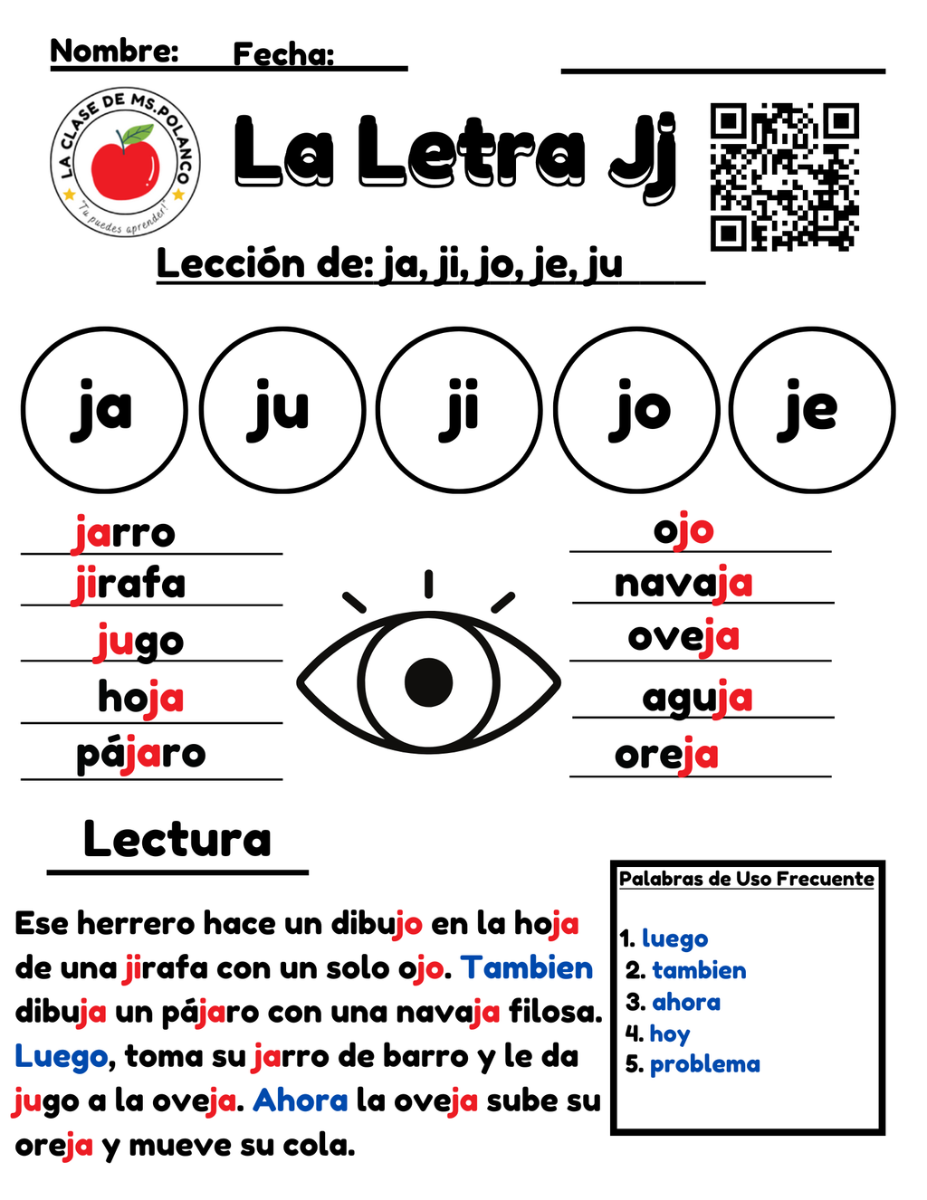 Spanish Phonics Worksheets PDF – Letter Jj | ja je ji jo ju Activities | Spanish Reading & Writing for Kids (K–3)