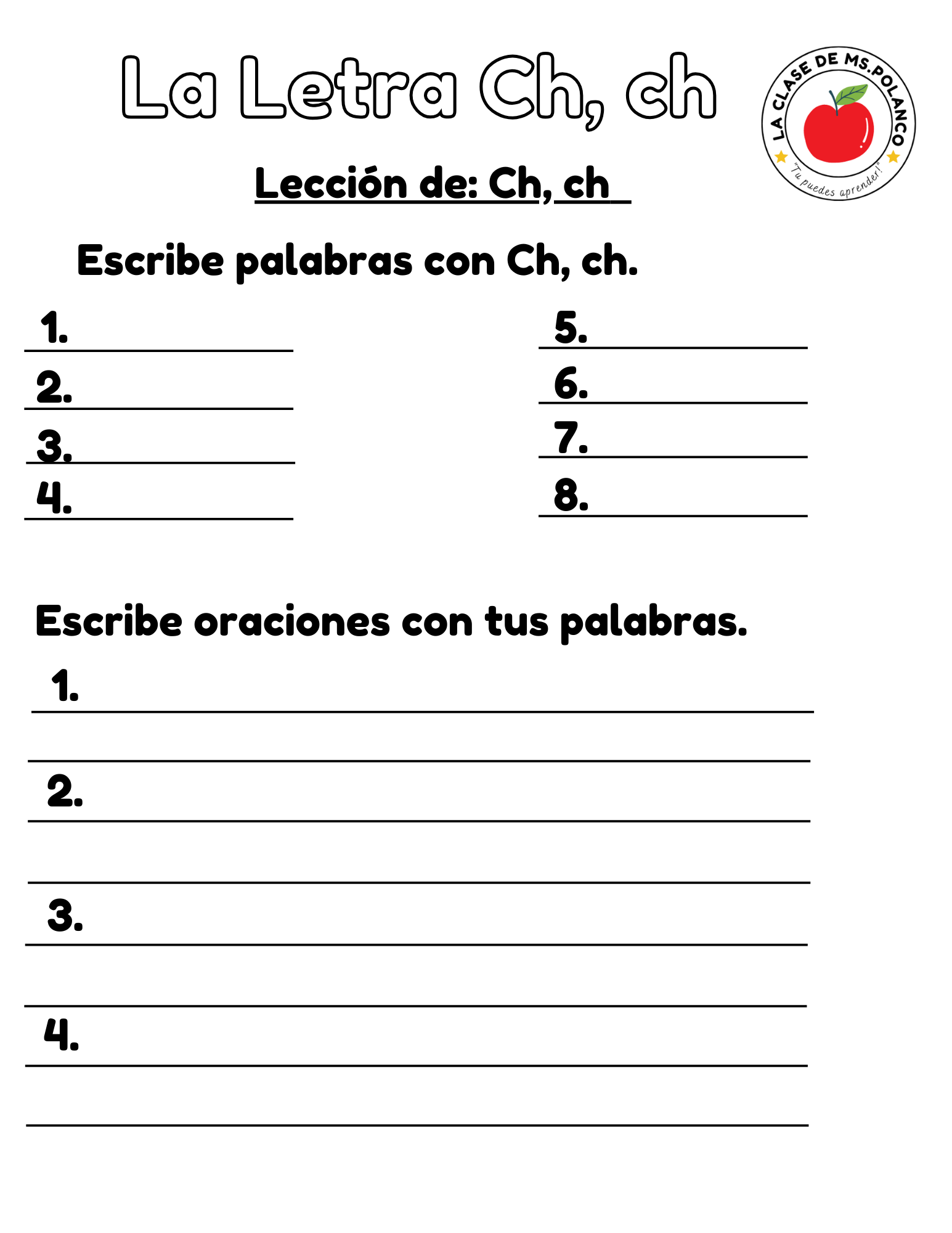 Spanish Phonics Worksheets – La Letra Ch (cha che chi cho chu) | Lectura y Sílabas | 4 Pages