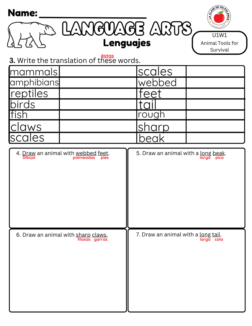 NJSLA Reading Comprehension Worksheet Benchmark Grade 3 Unit 1 Week 1 Day 2 | Animal Survival Tools Informational Text | Part A Part B Writing ELA Activity Bilingual English Spanish