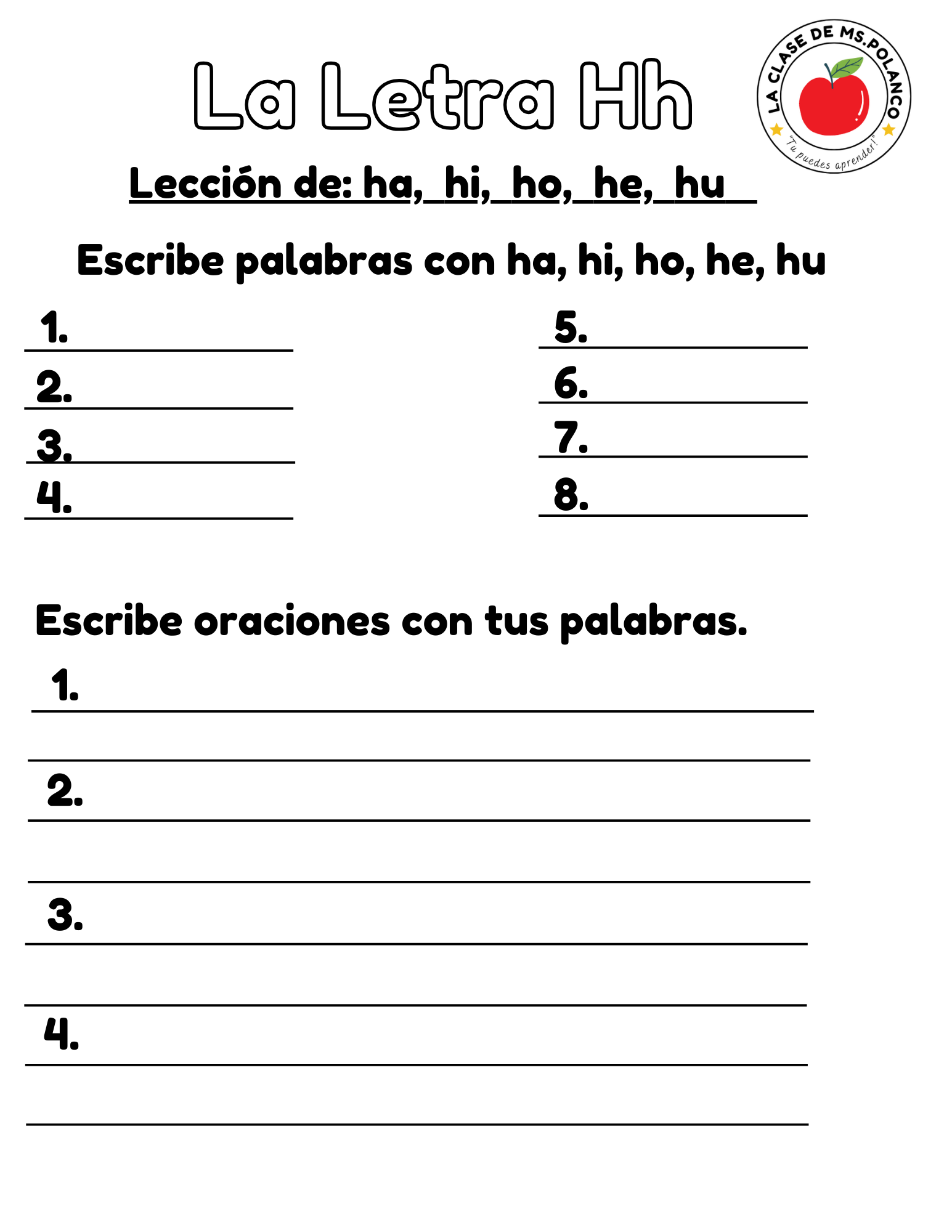 Spanish Phonics Worksheets PDF – Letter Hh | ha he hi ho hu Activities | Spanish Reading & Writing for Kids (K–3)