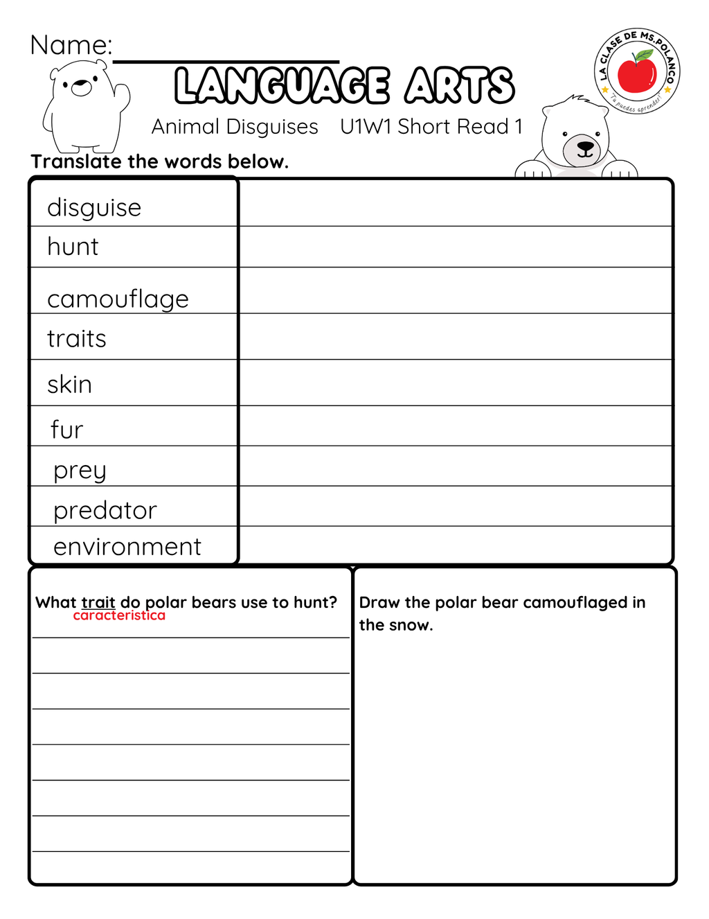 Reading Comprehension Worksheet Animal Disguises Benchmark Grade 3 Unit 1 Week 1 Day 1 | Informational Text Camouflage Predators Prey | ELA Activity Bilingual English Spanish