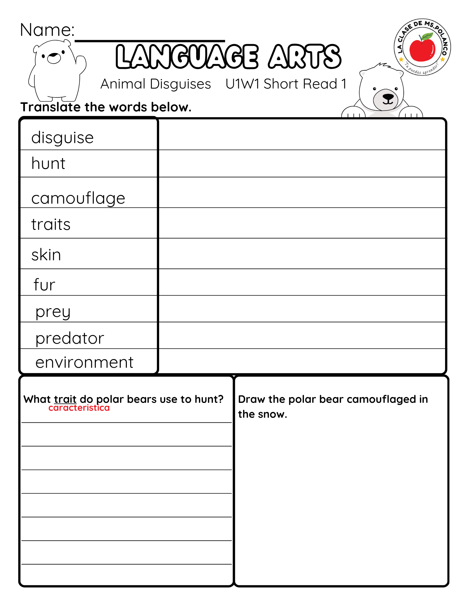 Reading Comprehension Worksheet Animal Disguises Benchmark Grade 3 Unit 1 Week 1 Day 1 | Informational Text Camouflage Predators Prey | ELA Activity Bilingual English Spanish