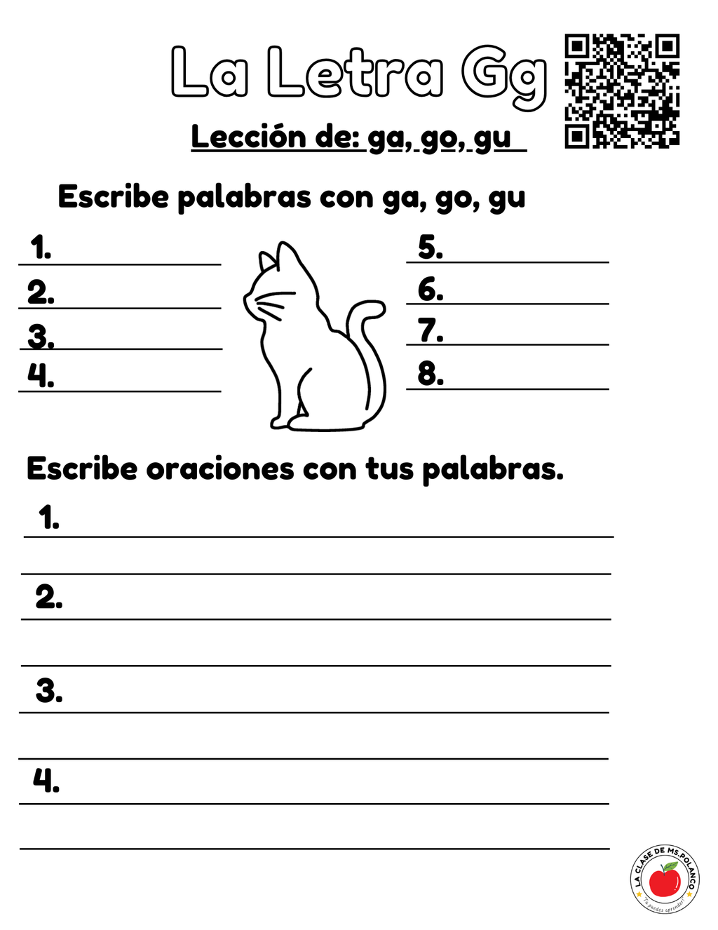 Spanish Phonics Worksheets PDF – Letter Gg | ga go gu Activities | Spanish Reading & Writing for Kids