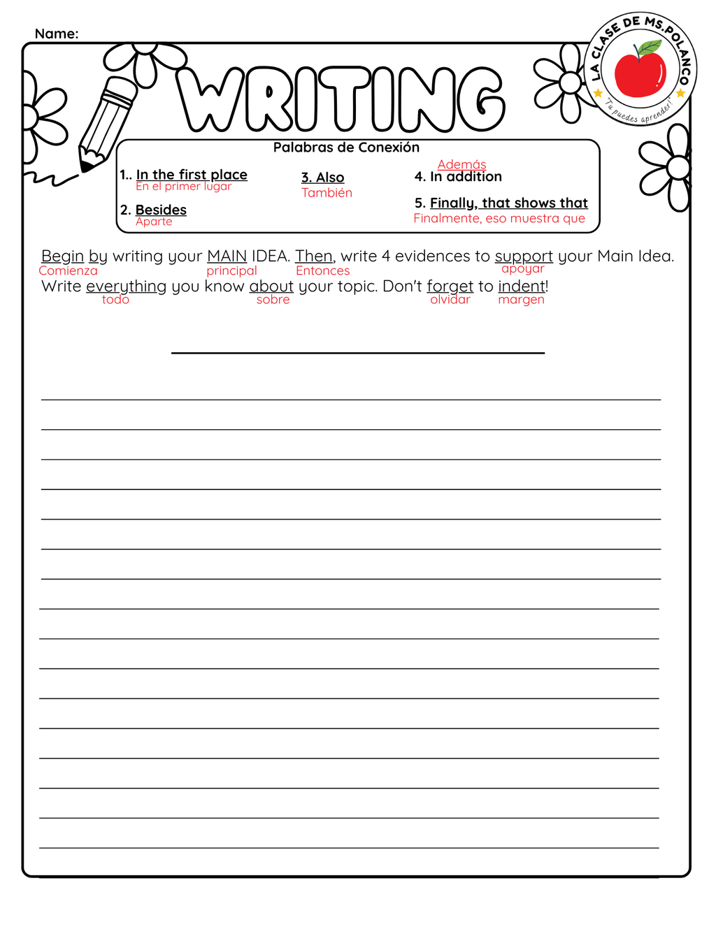 Bilingual Paragraph Writing Worksheet PDF | Main Idea and Supporting Details | Elementary Writing Practice | English Spanish Writing Activity for Kids