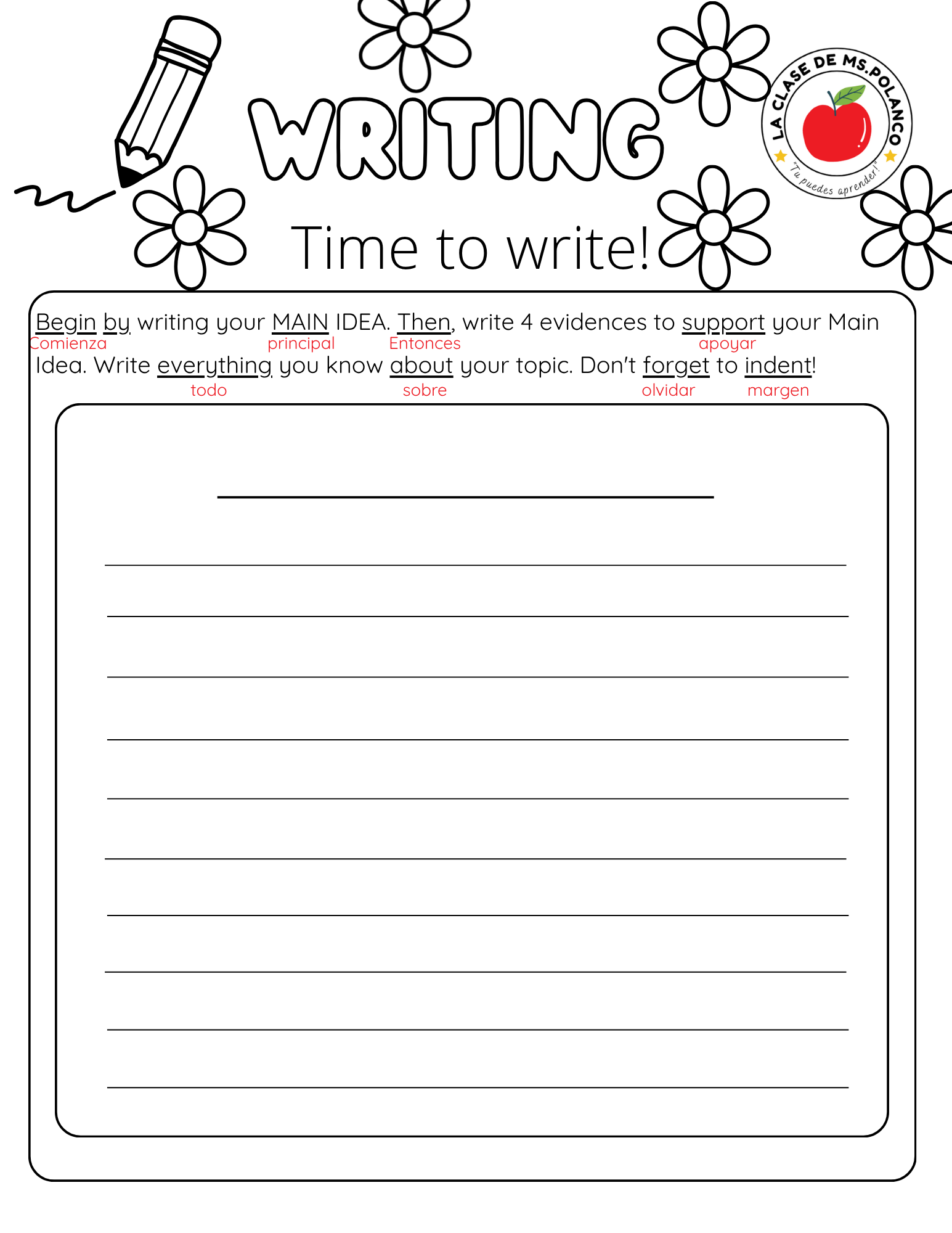 Bilingual Paragraph Writing Worksheets PDF | Main Idea & Supporting Details | Spanish & English Writing for Kids (K–3)