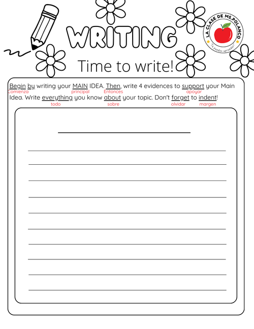 Bilingual Paragraph Writing Worksheets PDF | Main Idea & Supporting Details | Spanish & English Writing for Kids (K–3)