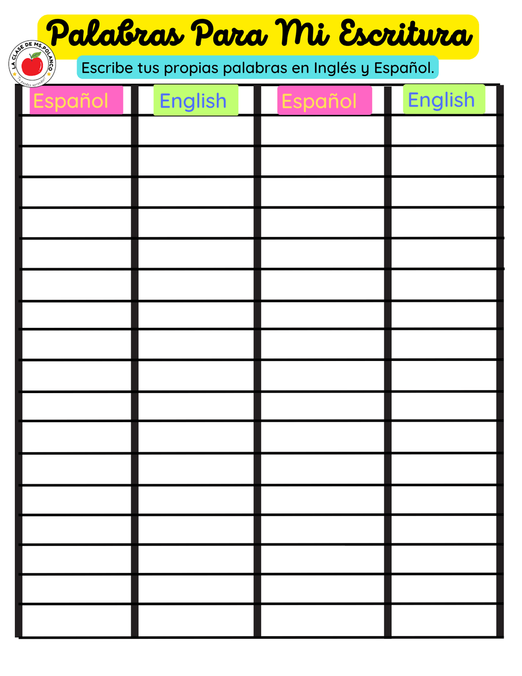 Bilingual High Frequency Words for Writing PDF | English Spanish Word List for ELL ESL Students | Bilingual Writing