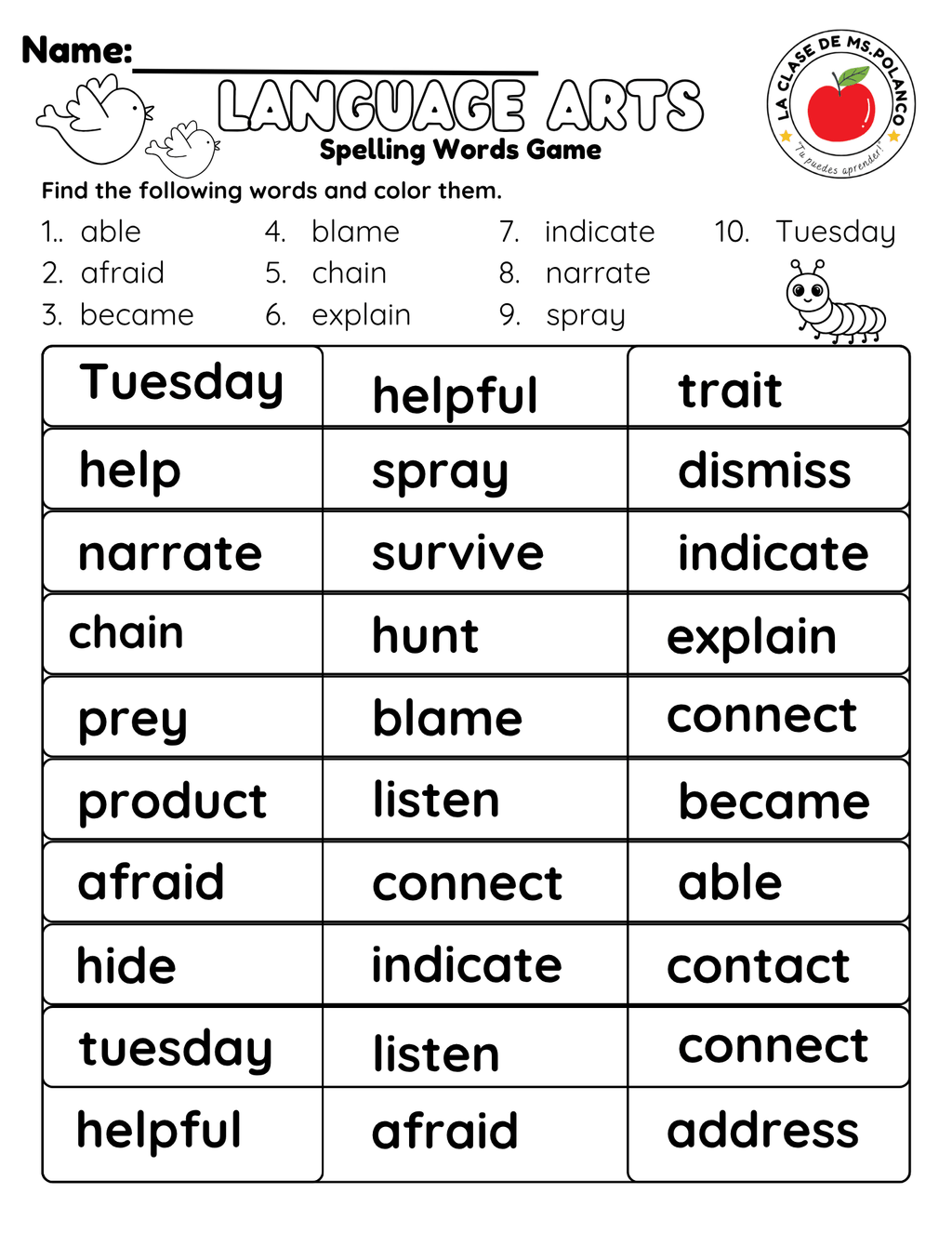 Bilingual Benchmark Spelling Words Practice | Unit 1 Week 2 | Word Search Writing Activities - Betty & Bloom Press
