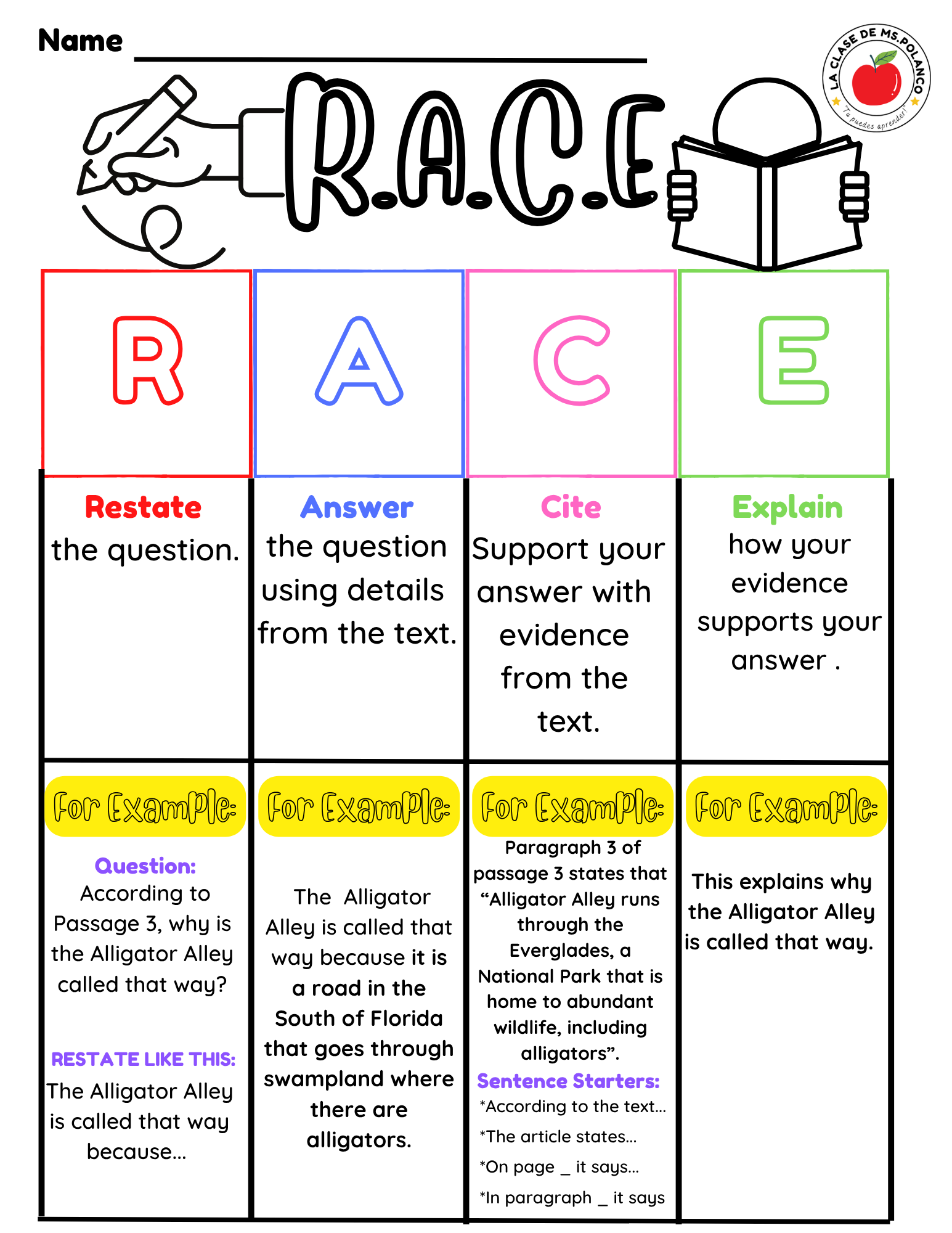 RACE Writing Strategy Worksheet PDF | Restate Answer Cite Explain | Reading Comprehension Text Evidence | Bilingual English Spanish Activity for Kids