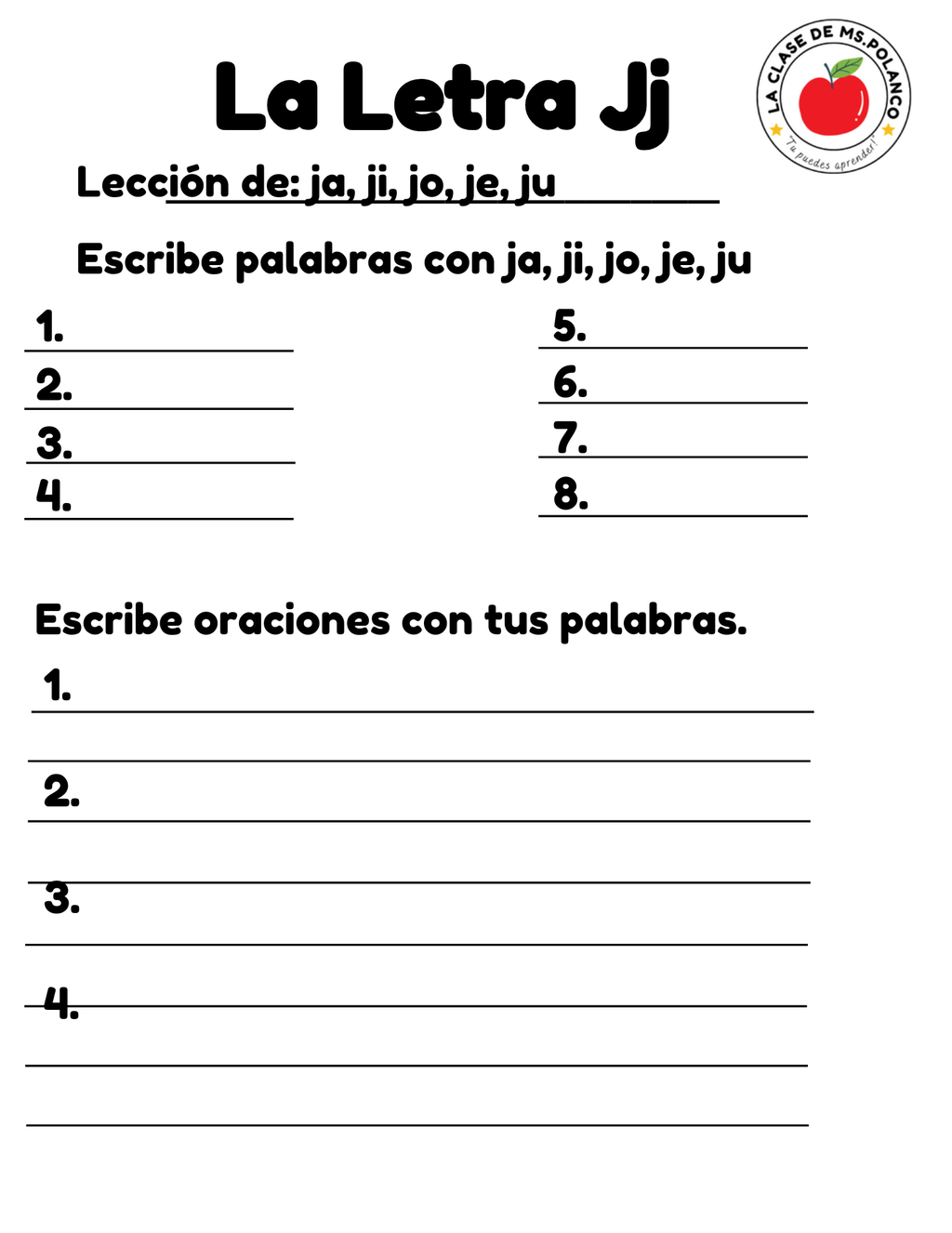 Spanish Phonics Worksheets PDF – Letter Jj | ja je ji jo ju Activities | Spanish Reading & Writing for Kids (K–3)