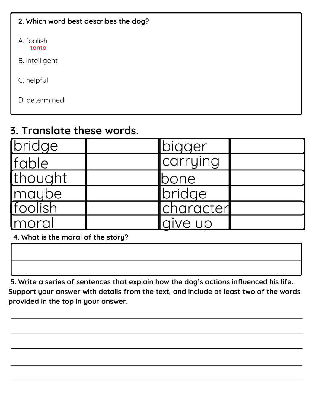 Bilingual Benchmark Unit 2 Week 1 Day 1 Fables Reading Comprehension - Betty & Bloom Press