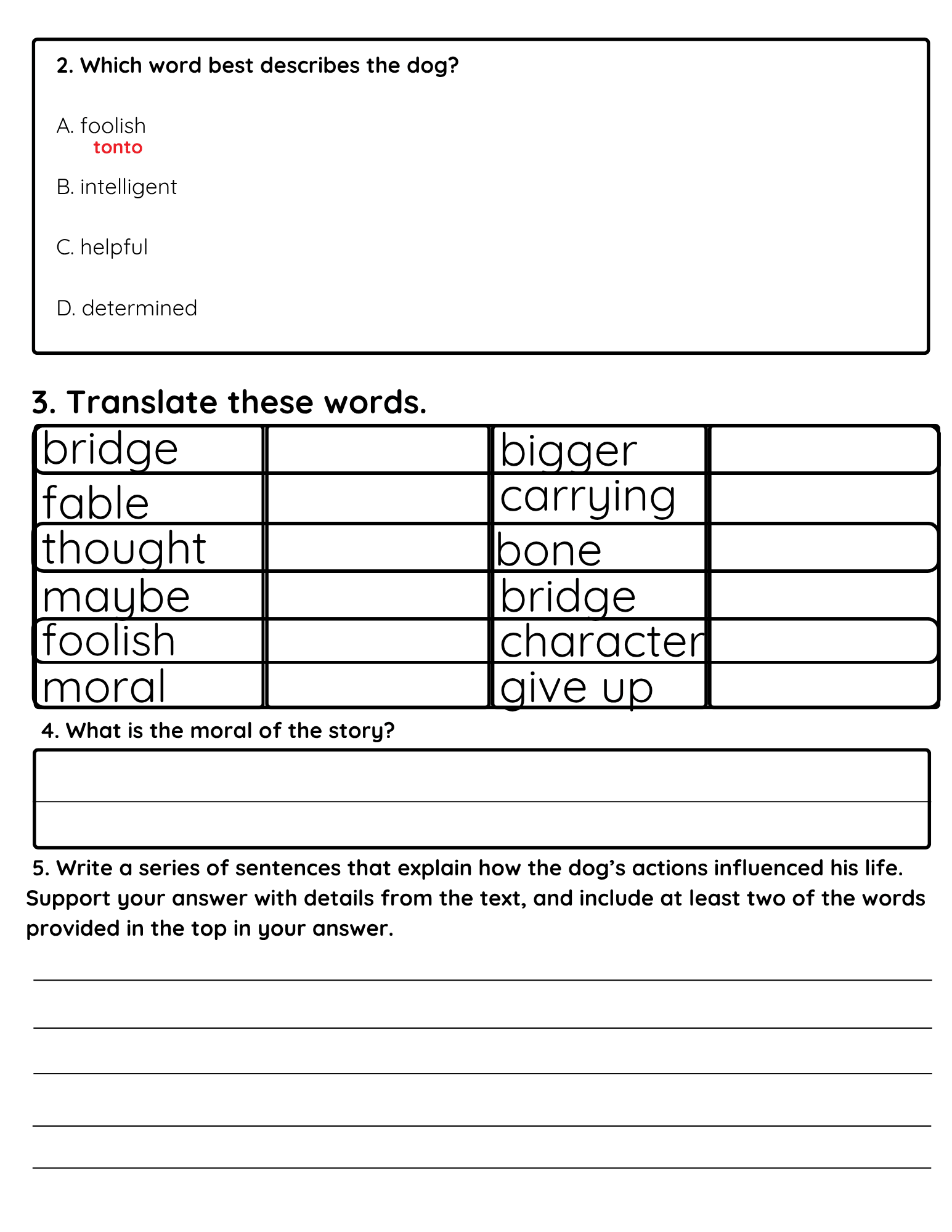 Bilingual Benchmark Unit 2 Week 1 Day 1 Fables Reading Comprehension - Betty & Bloom Press
