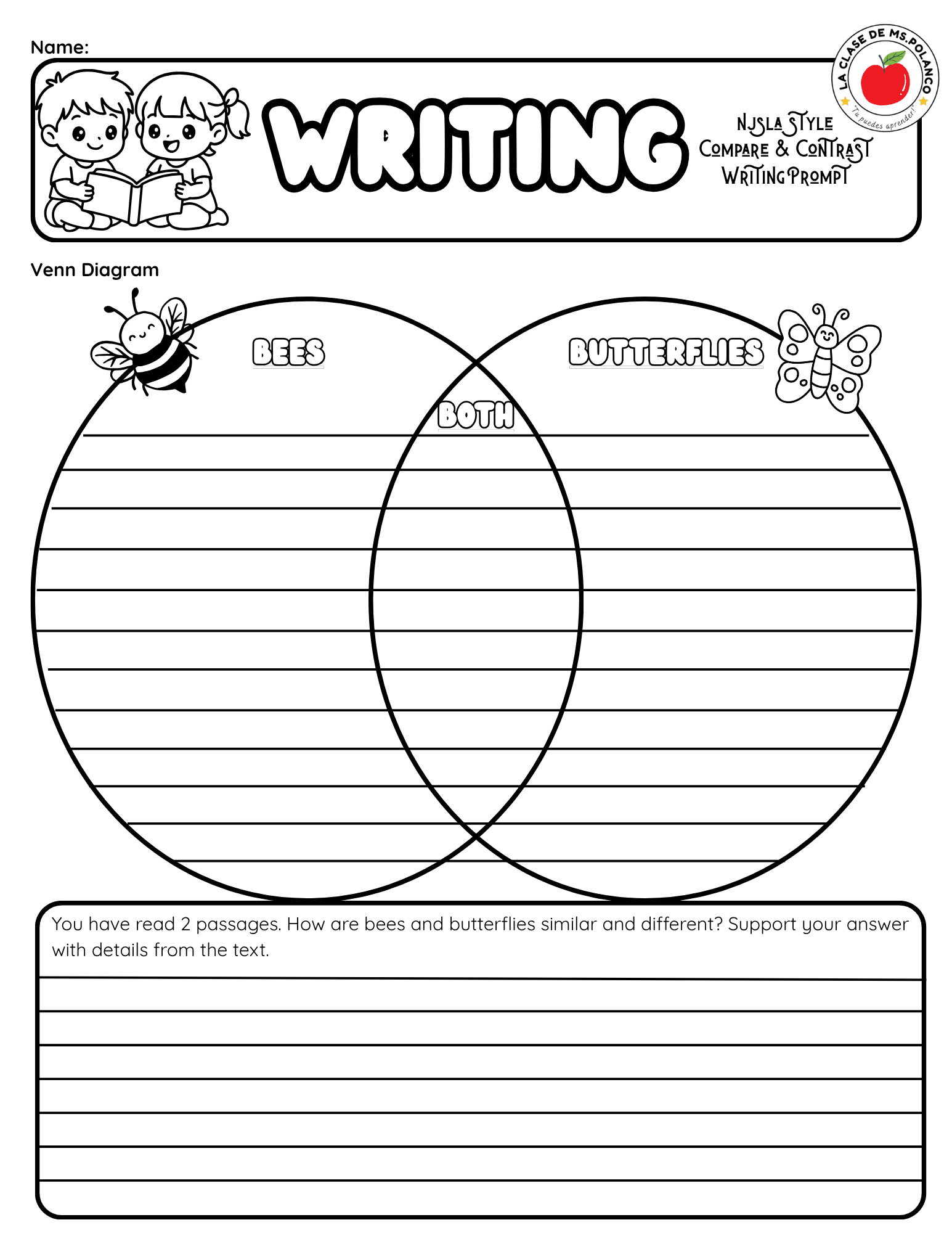 Bilingual Compare and Contrast Worksheet | NJSLA Style Reading & Writing | Bees and Butterflies - Betty & Bloom Press
