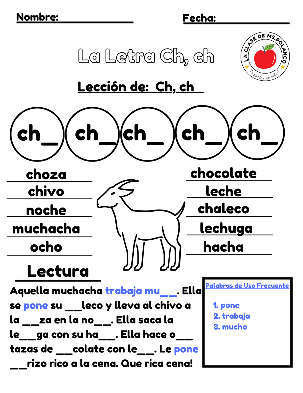 Spanish Phonics Worksheets – La Letra Ch (cha che chi cho chu) | Lectura y Sílabas | 4 Pages