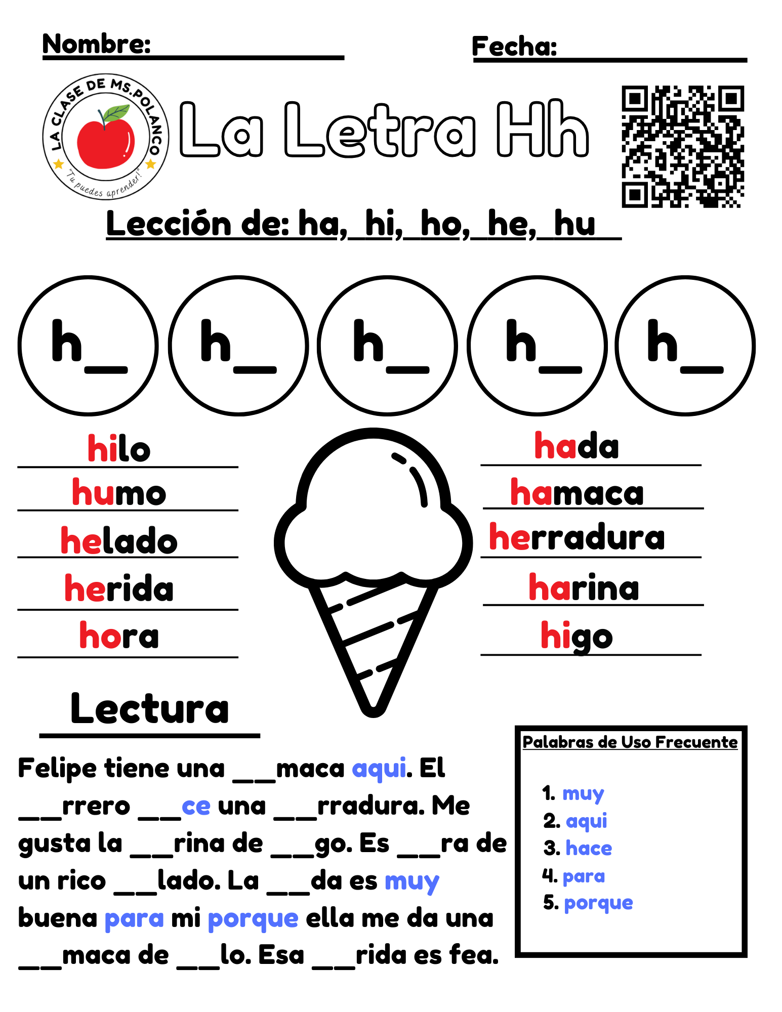 Spanish Phonics Worksheets PDF – Letter Hh | ha he hi ho hu Activities | Spanish Reading & Writing for Kids (K–3)