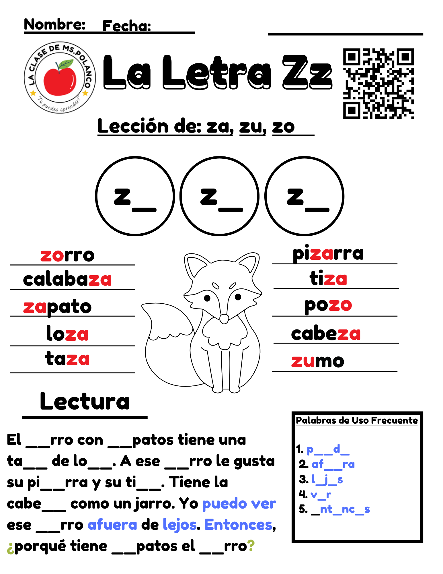Spanish Phonics Worksheet Letter Z (za ze zi zo zu) PDF | Mi Silabario Reading Activity for Kids