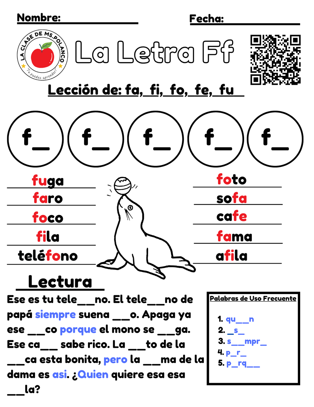 Spanish Phonics Worksheets PDF – Letter Ff | fa fe fi fo fu Activities | Spanish Reading & Writing for Kids (K–3)