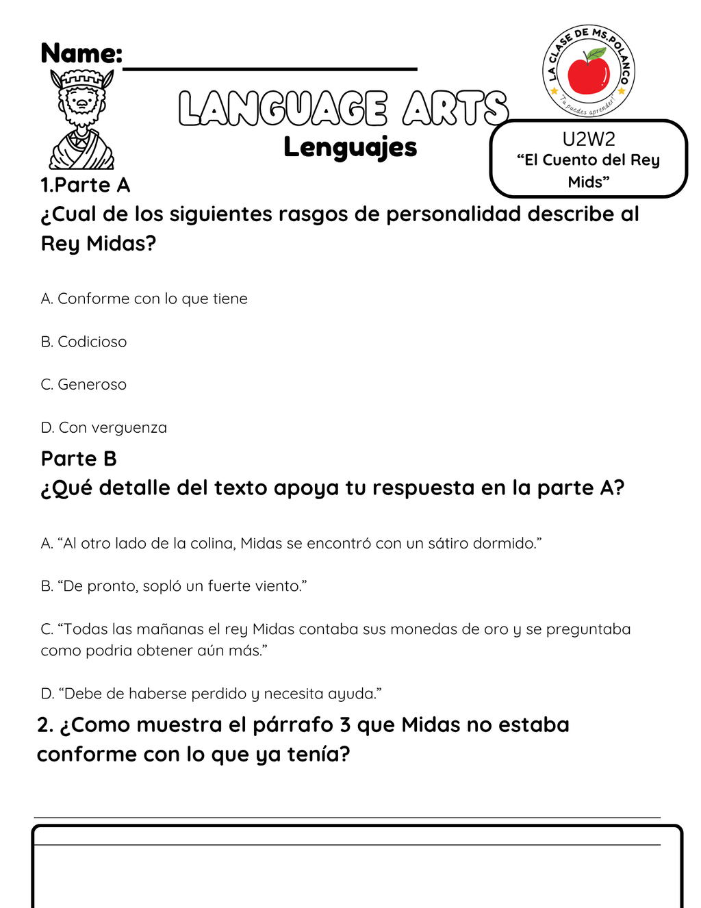 Bilingual Benchmark Unit 2 Week 2 King Midas Reading Comprehension - Betty & Bloom Press