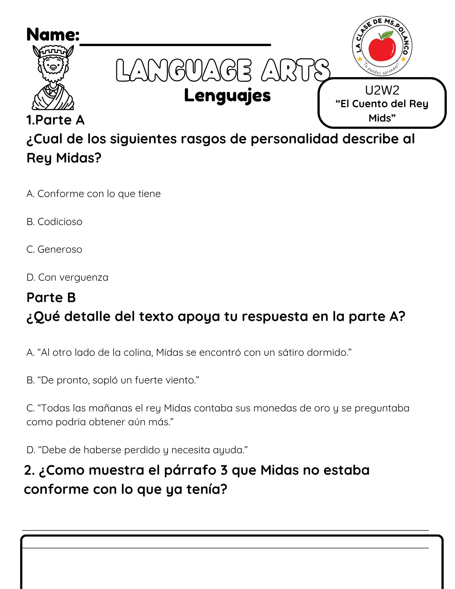 Bilingual Benchmark Unit 2 Week 2 King Midas Reading Comprehension - Betty & Bloom Press