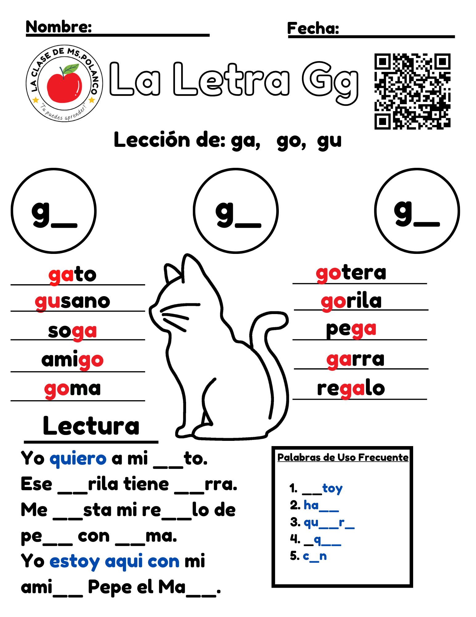 Spanish Phonics Worksheets PDF – Letter Gg | ga go gu Activities | Spanish Reading & Writing for Kids