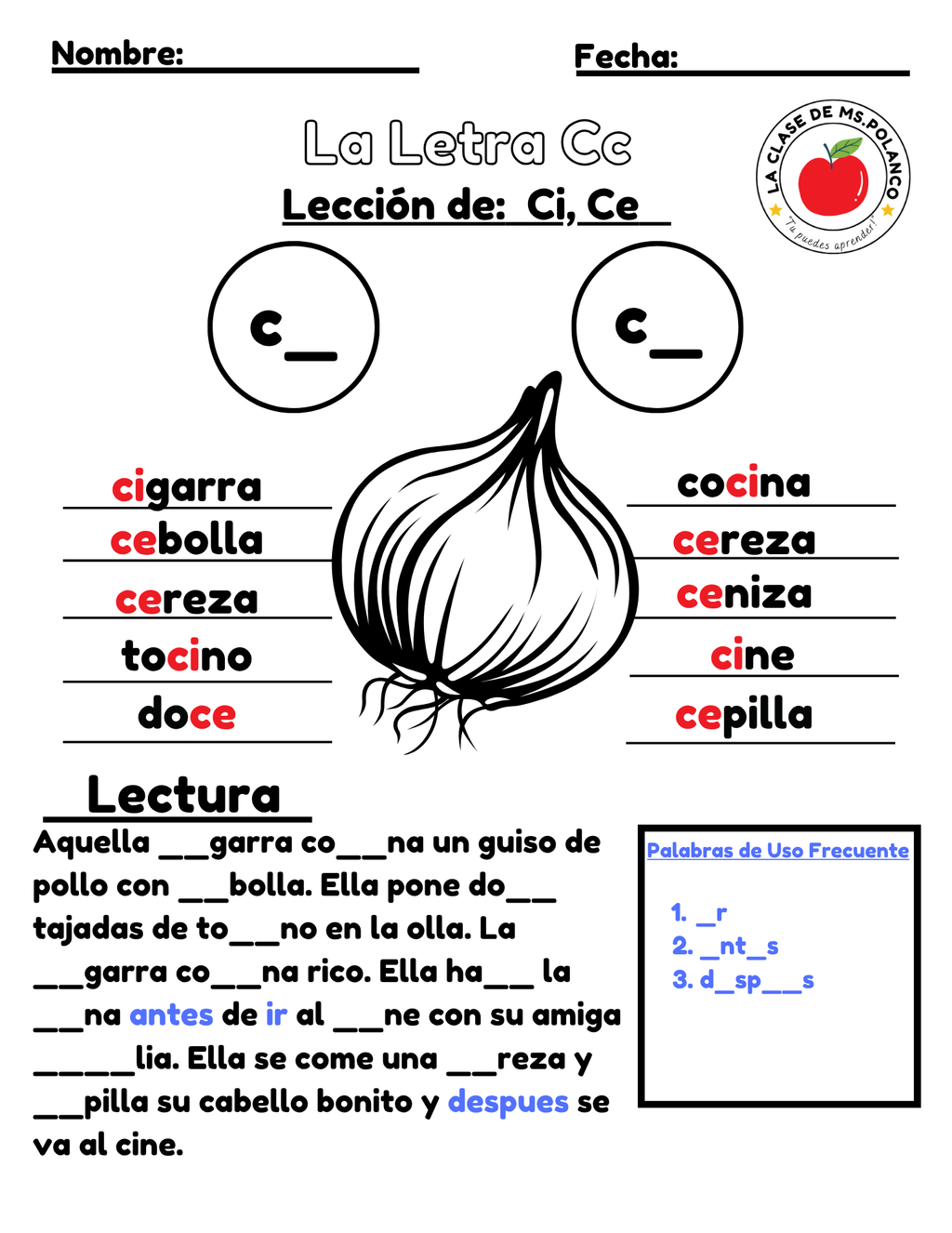 Spanish Phonics Worksheets PDF – Letter Cc (Soft C) | ce ci Activities | Spanish Reading & Writing for Kids (K–3)