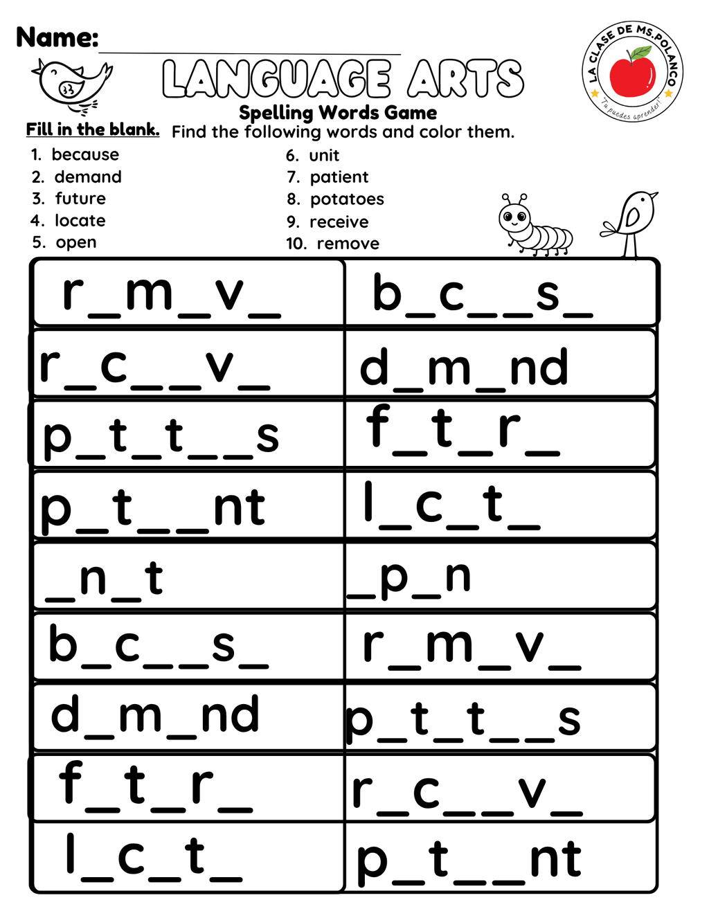 Bilingual Benchmark ELA Unit 4 Week 1 Spelling Word Search & Printable Activities - Betty & Bloom Press
