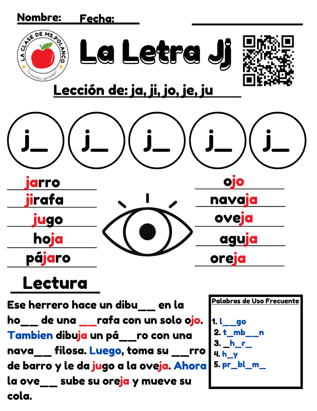 Spanish Phonics Worksheets PDF – Letter Jj | ja je ji jo ju Activities | Spanish Reading & Writing for Kids (K–3)
