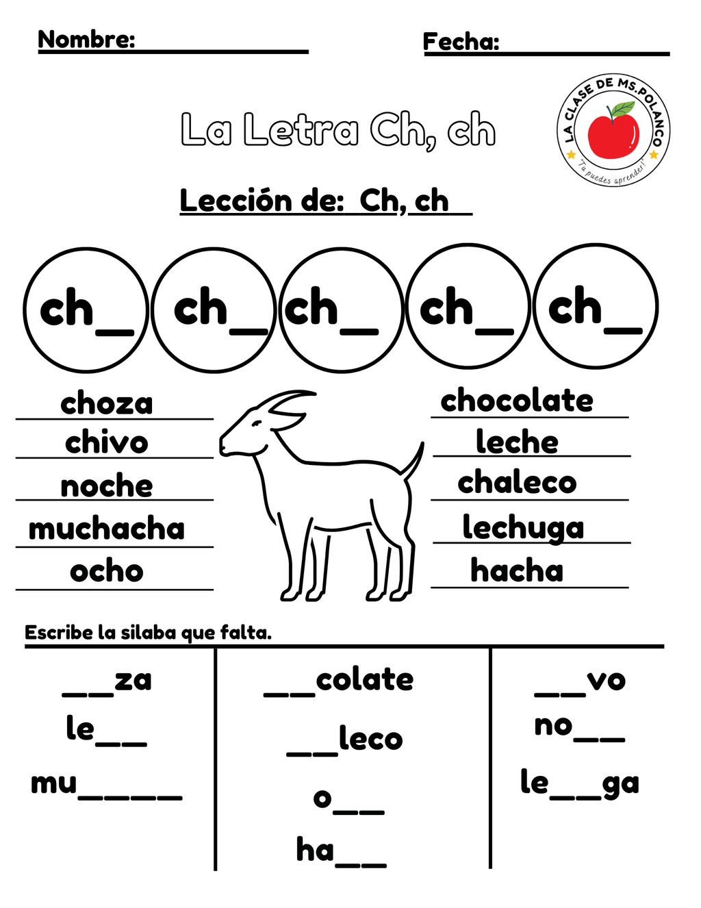 Spanish Phonics Worksheets – La Letra Ch (cha che chi cho chu) | Lectura y Sílabas | 4 Pages