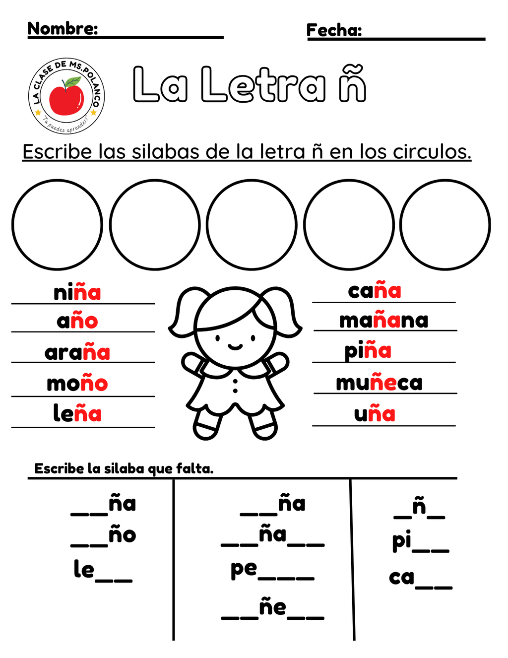 Spanish Phonics Worksheets PDF – Letter Ññ | ña ñe ñi ño ñu Activities | Spanish Reading & Writing for Kids (K–3)